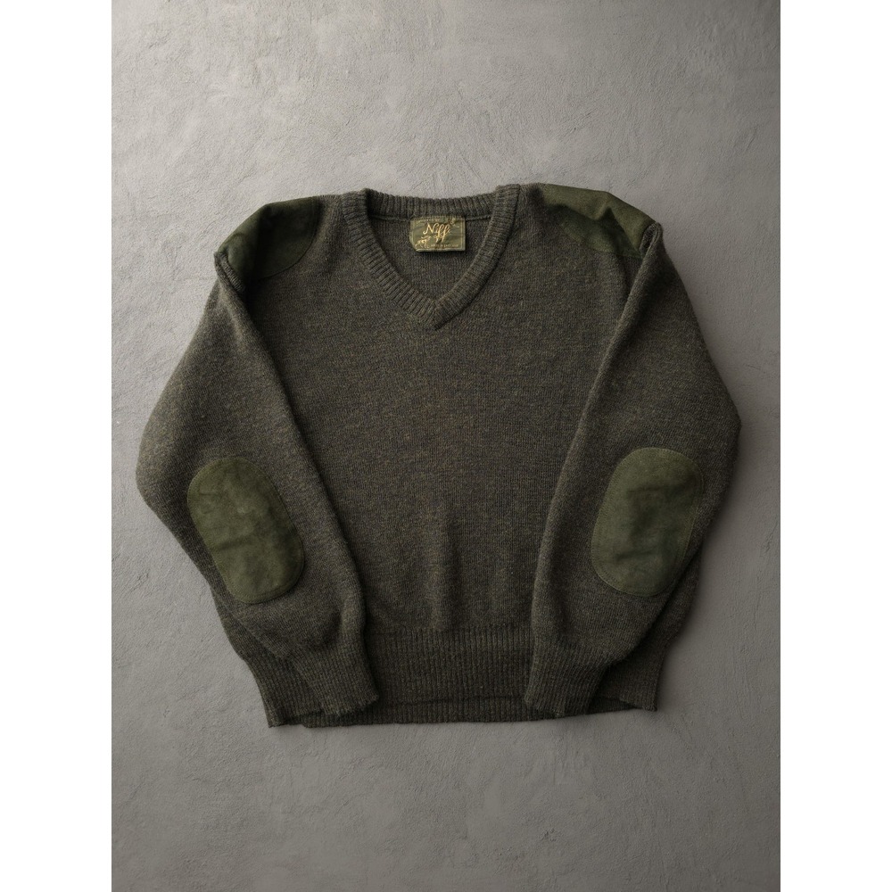 Vintage 70s 80s Niffi Made In England Green OD Army Style V-neck Sweater XXL